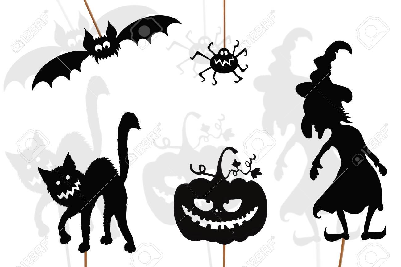 Ombre De Marionnettes Halloween Citrouille Sorcière Maléfique Araignée Chat Noir Et Batte De Vampire Isolé Sur Fond Blanc