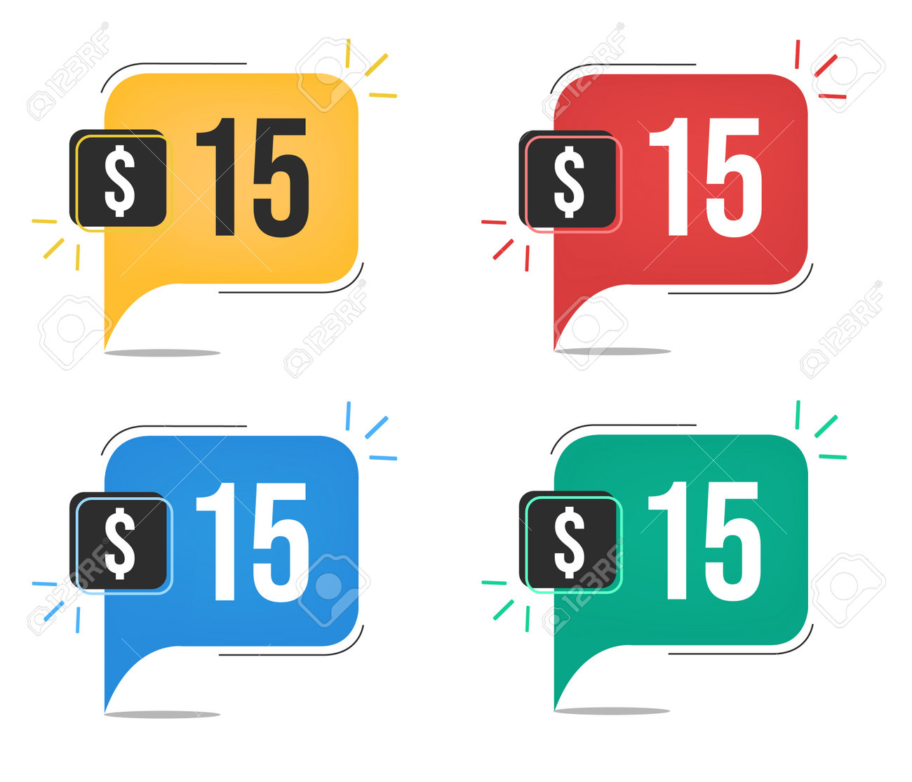 15 달러 가격. 노란색, 빨간색, 파란색 및 녹색 통화 태그. 판매용 15달러가 있는 풍선 개념입니다. 로열티 무료 사진, 그림,  이미지 그리고 스톡포토그래피. Image 160632997