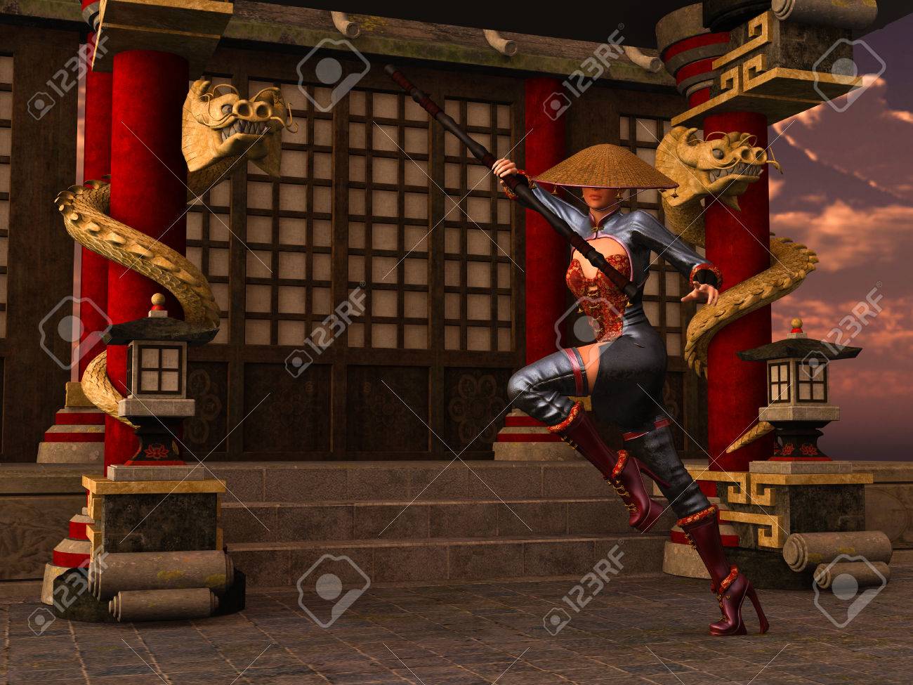 3 D レンダリングされた寺で Bo スタッフとアクション ポーズのカンフー女戦士 の写真素材 画像素材 Image