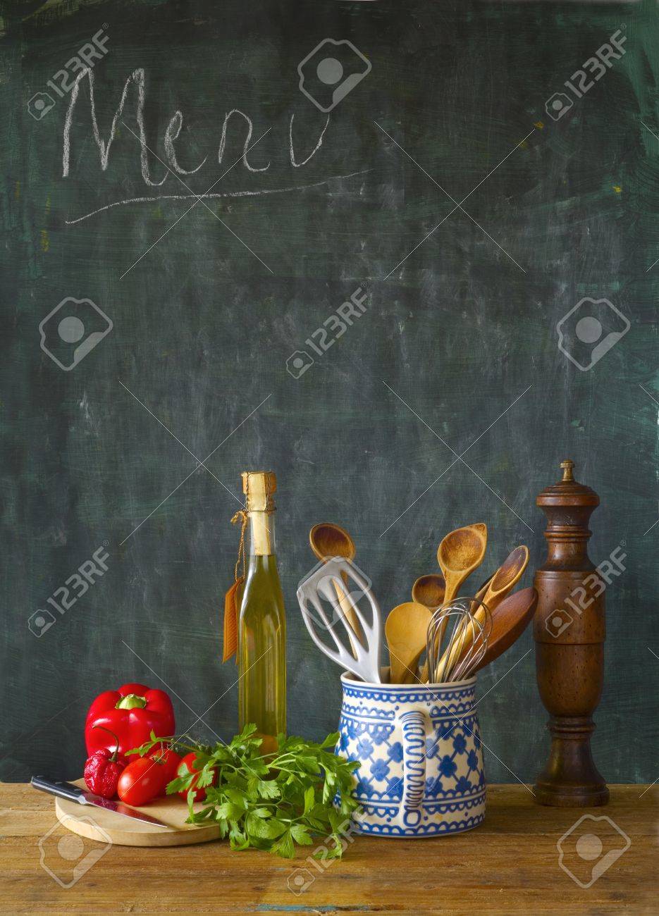 Food ingredients,kitchen utensils, black board, free copy space - 34317683 Food ingredients,kitchen utensils, black board, free copy space - 34317683
