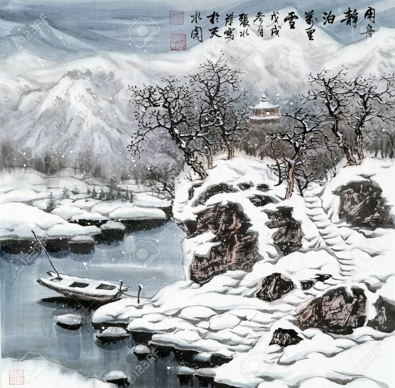 Snow Mountain With Boat At River Landscape Traditional Chinese Stock Photo Picture And Royalty Free Image Image 128837478