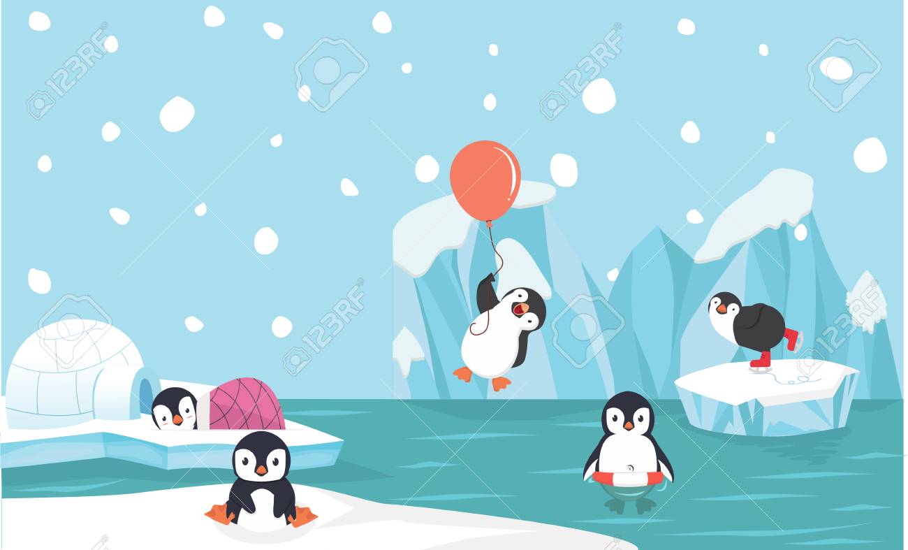 Cute penguin characters set withNorth pole background - 108890677 Cute penguin characters set withNorth pole background - 108890677
