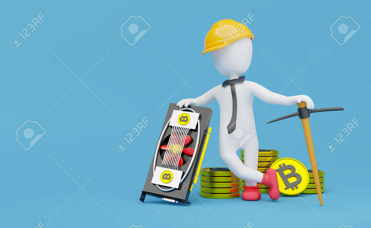 スティックマンとつるはしにゴールドのビットコインコインとビデオカードまたは青い構図の背景のディスプレイカード、コンセプト3dイラストまたは3dレンダリングの写真素材・画像素材  Image 165057310