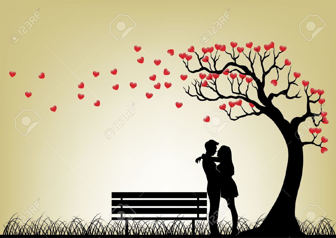 dating couple silhouette under love tree royalty free cliparts