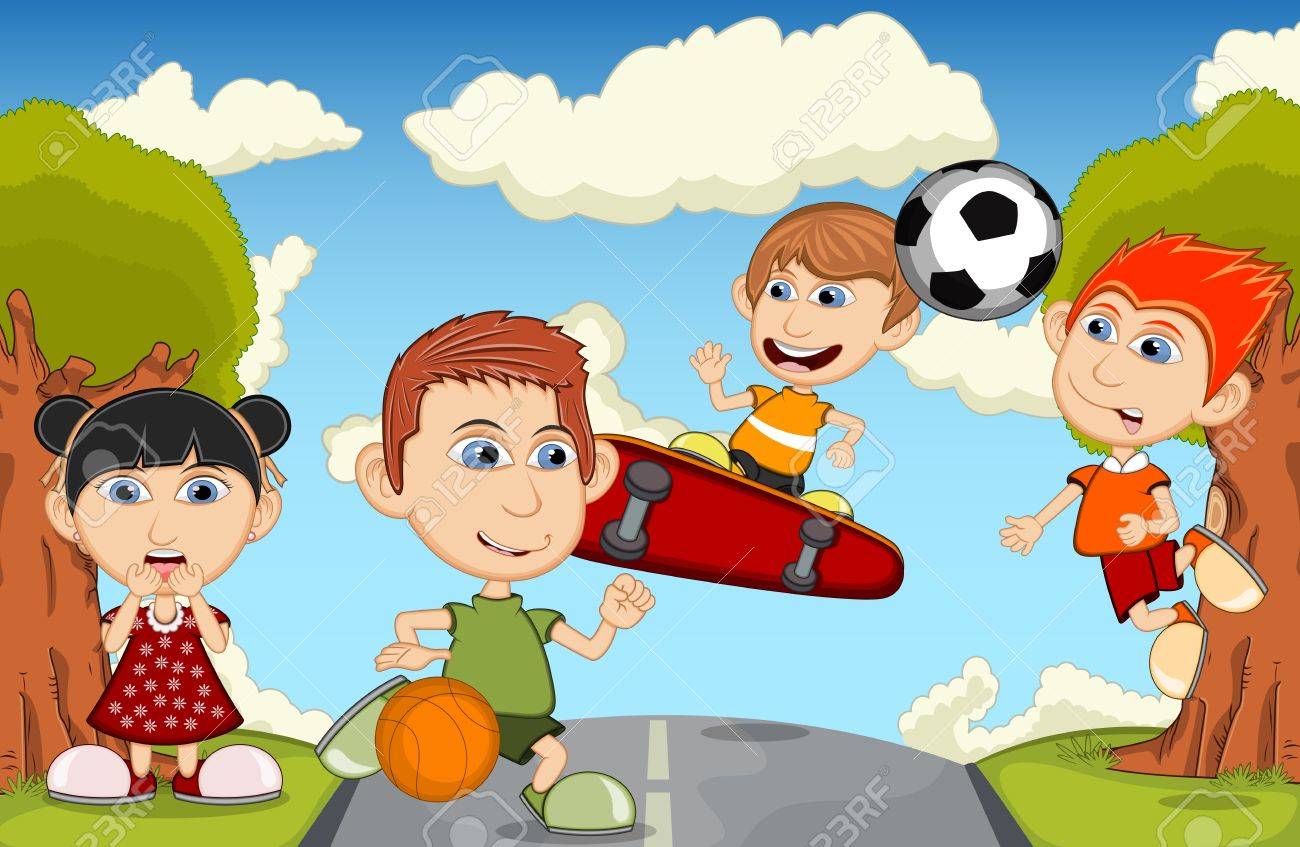 遊びのスケート ボード バスケット ボール 縄跳び サッカー公園漫画のベクトル イラスト のイラスト素材 ベクタ Image 5473