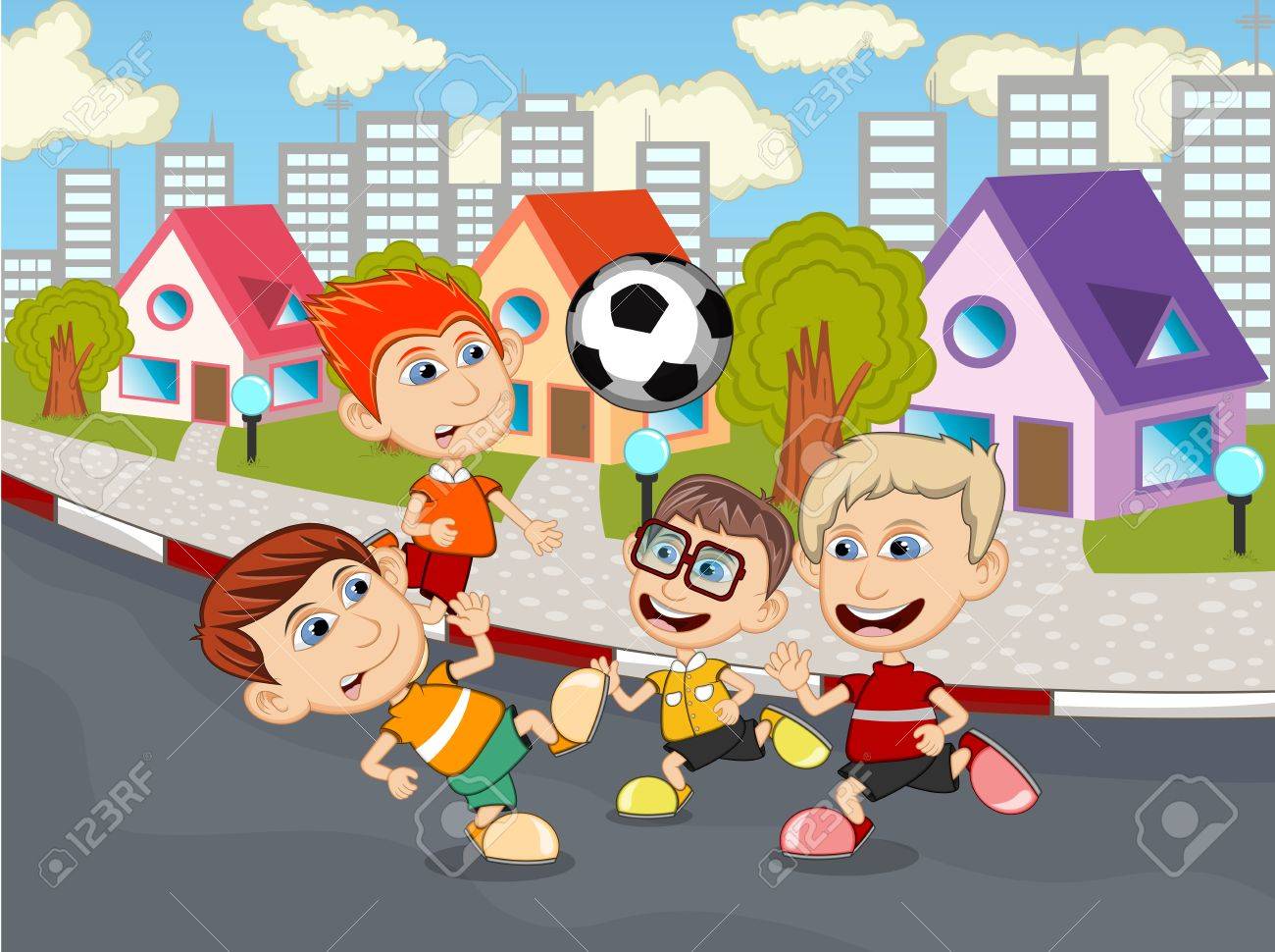 Kinder Spielen Fussball Auf Der Strasse Cartoon Lizenzfrei Nutzbare Vektorgrafiken Clip Arts Illustrationen Image 53754851