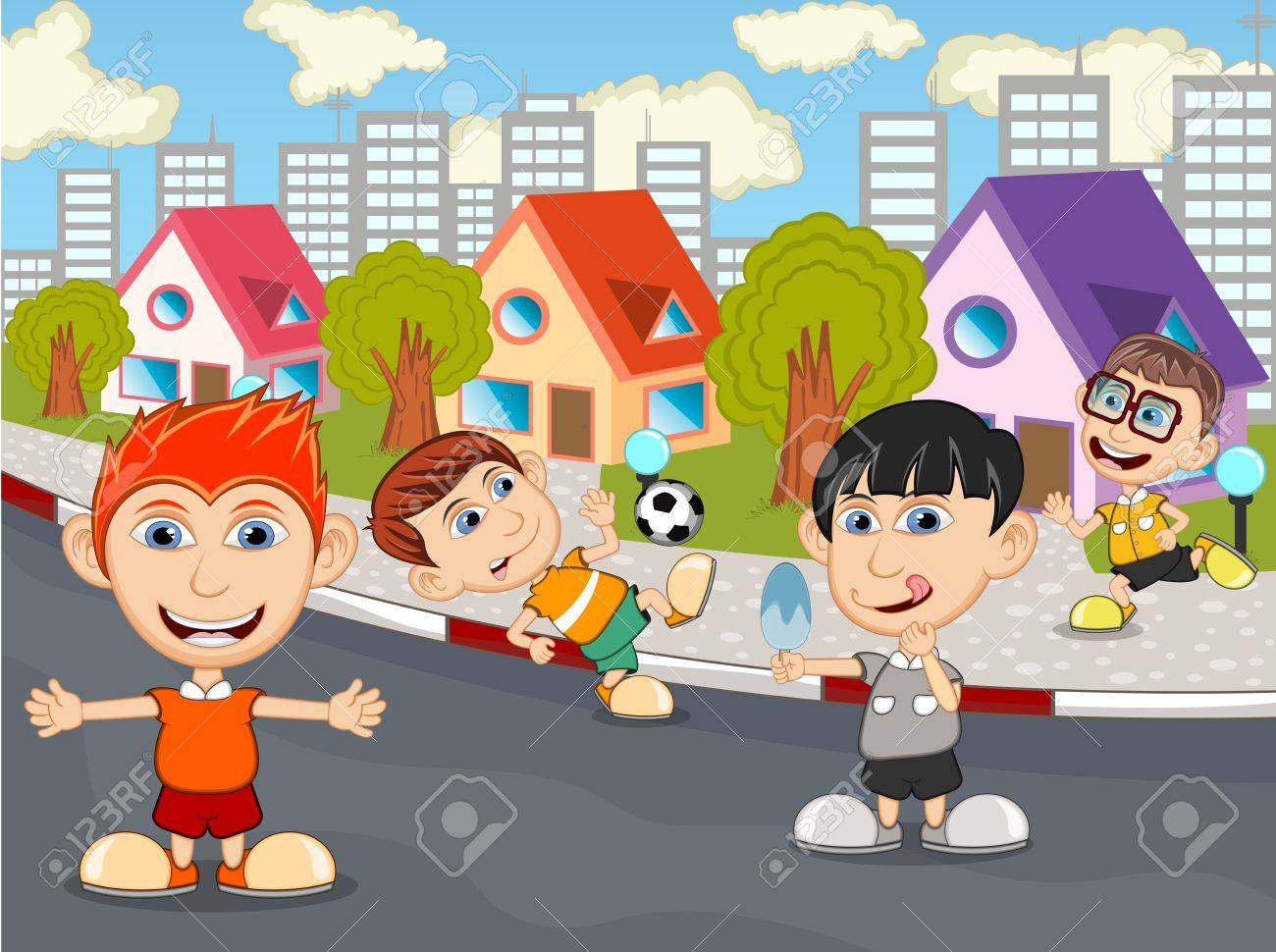 Ninos Jugando En La Calle De Dibujos Animados Ilustraciones Vectoriales Clip Art Vectorizado Libre De Derechos Image 53754885