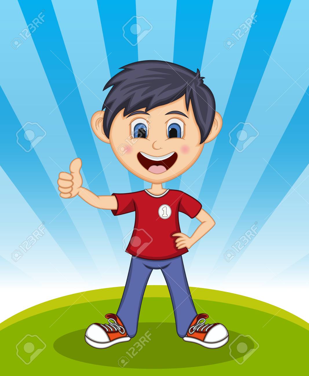 handsome little boy tumbs up with background cartoon royalty free
