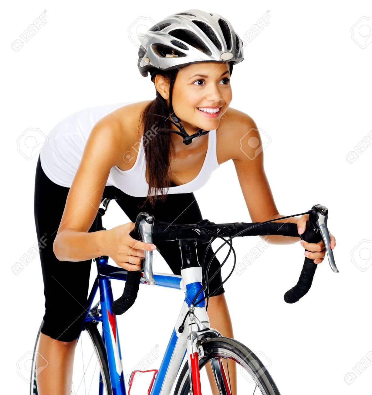 Bonne Cycliste Femme Hispanique Sur Un Velo De Route En Studio Isole Sur Blanc Banque D Images Et Photos Libres De Droits Image