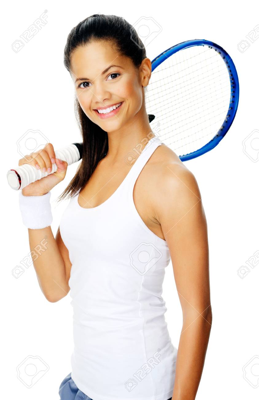 リストバンド健康幸せなヒスパニック系スポーツ女性テニス ラケットとポーズします の写真素材 画像素材 Image