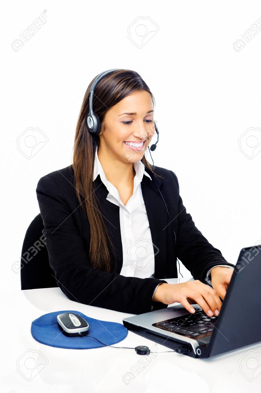 フレンドリーなコール センター秘書 コンサルタントと女性とのヘッドセット電話かわいい笑顔 の写真素材 画像素材 Image