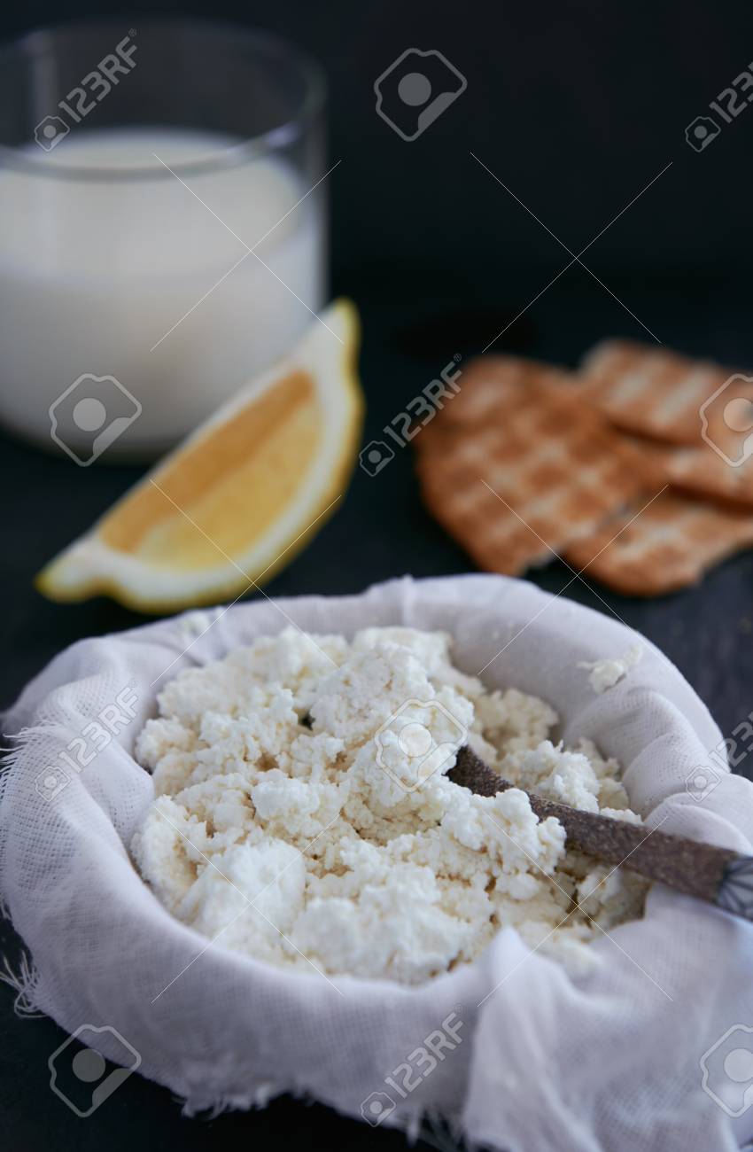 Close Up On Homemade Fresh Ricotta Cheese Draining In Muslin Stock Photo Picture And Royalty Free Image Image 44452198
