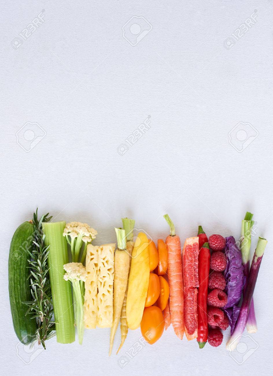 Rainbow spectrum gradient of healthy fresh fruit and vegetables, colourful food background - 61082876 Rainbow spectrum gradient of healthy fresh fruit and vegetables, colourful food background - 61082876