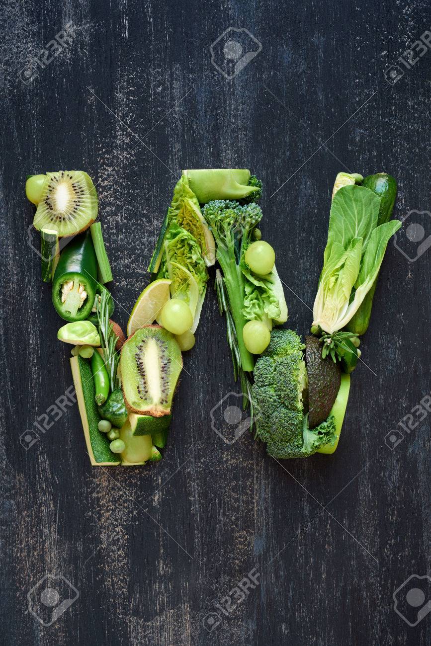 健康的なグリーンのフラット レイアウト シリーズ生産果物や野菜 デザイン要素ポスター スペル レイアウトのアルファベットの文字に形 の写真素材 画像素材 Image