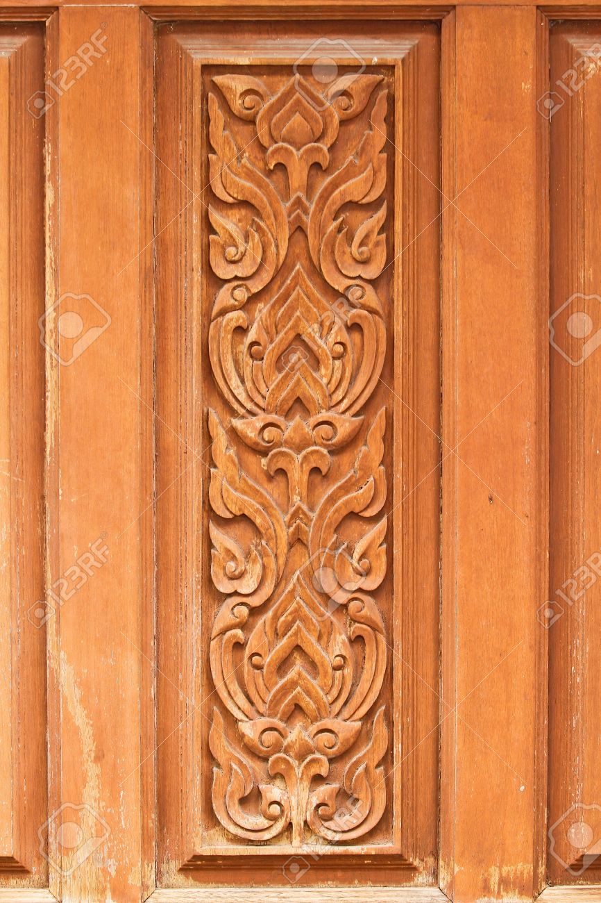 Thai Delicate Pattern Carved On Temple Wooden Door