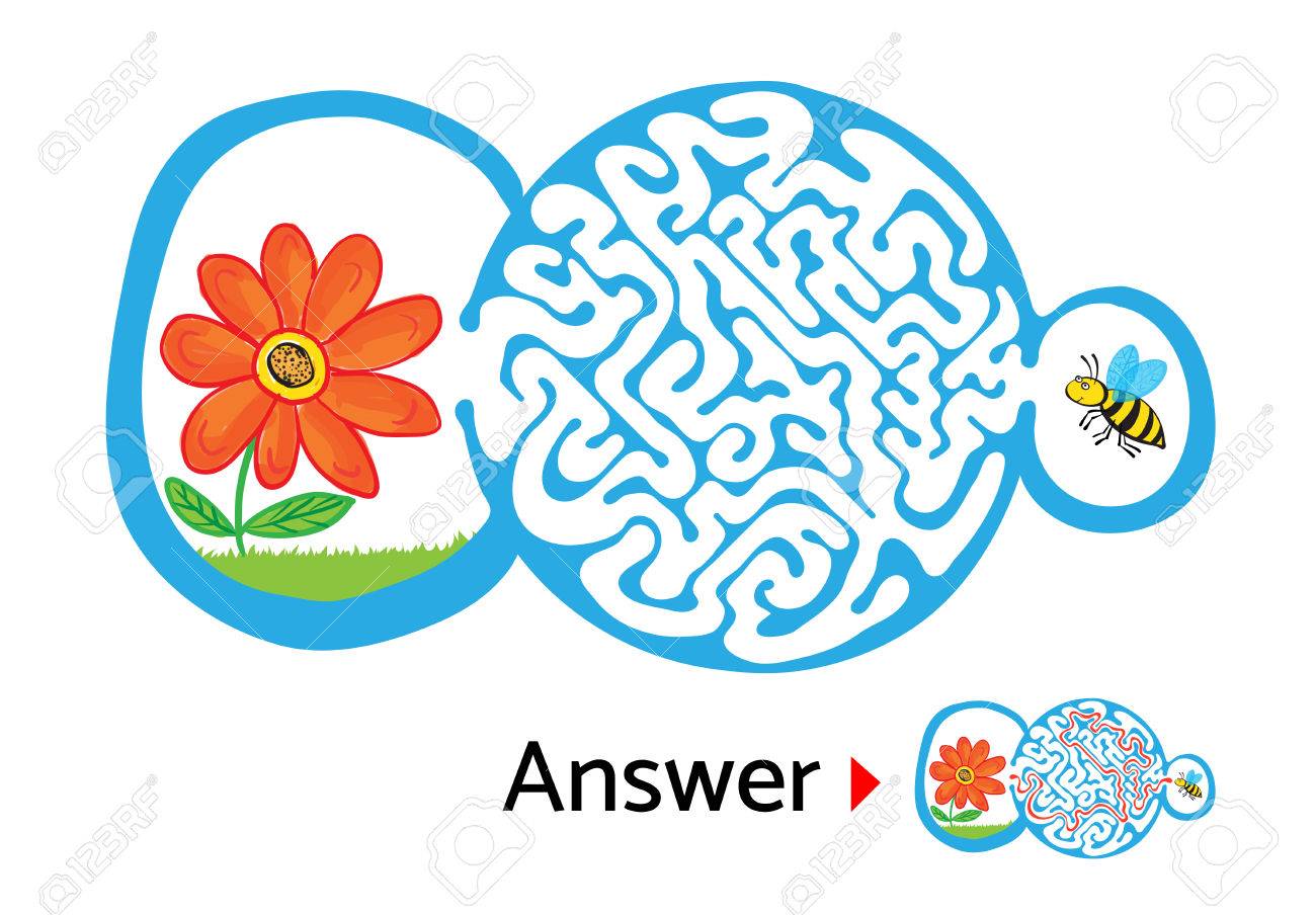 蜂と花 ソリューションと迷路図子供のためベクトル迷路パズル のイラスト素材 ベクタ Image