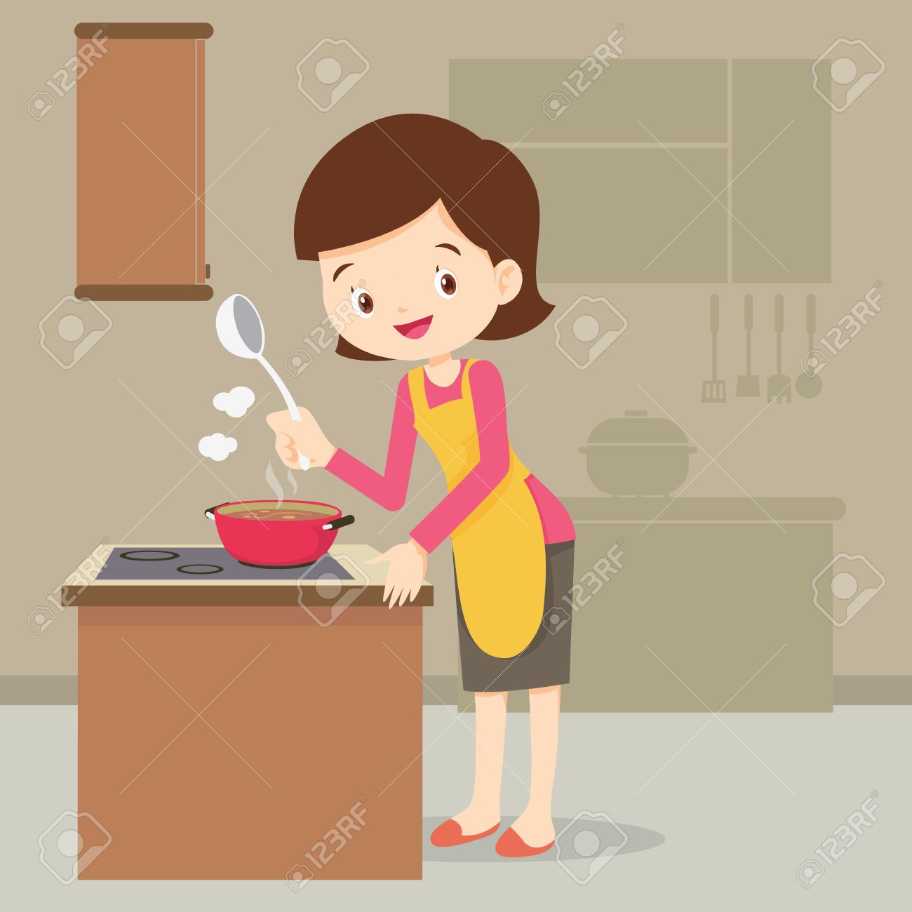 お母さんの台所ベクトル漫画 Illustration Woman 料理やキッチンで提示の料理します のイラスト素材 ベクタ Image
