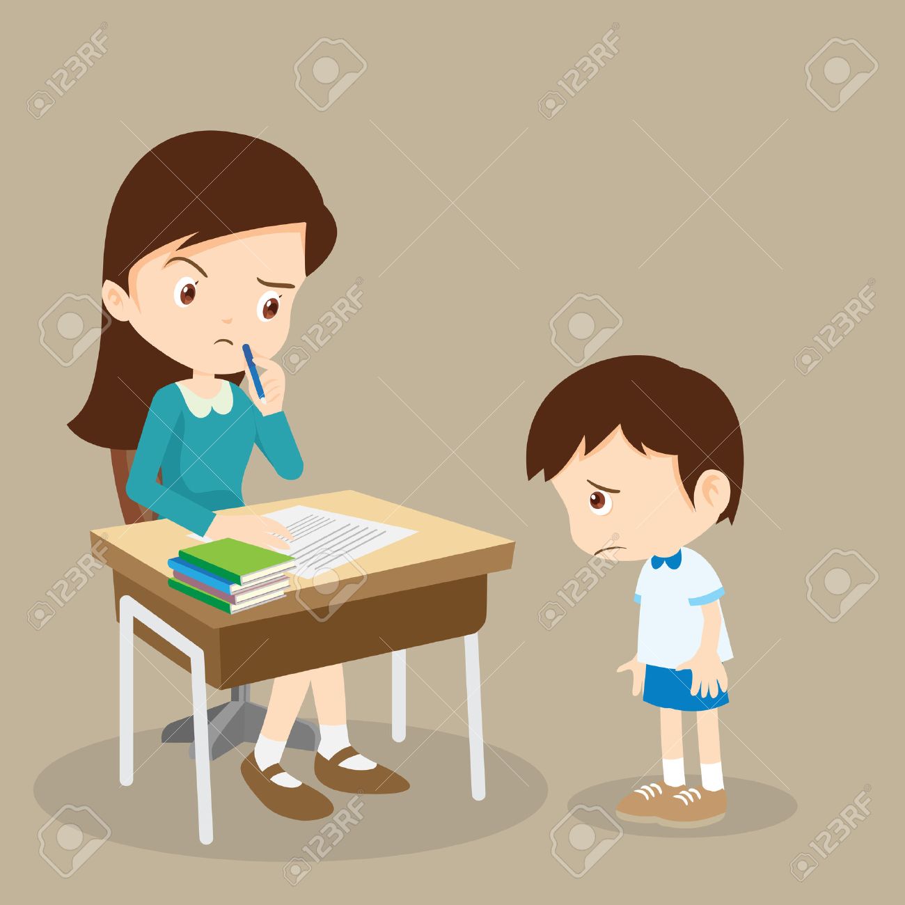 彼の宿題 Lesson Guilty 生と教師教師叱責有罪悲しいと悪い生徒少年が学んでいません のイラスト素材 ベクタ Image