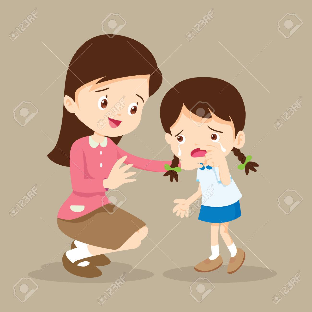 先生励み動揺小学校 Pupil Teacher 泣いている幼児女の子を慰めます のイラスト素材 ベクタ Image