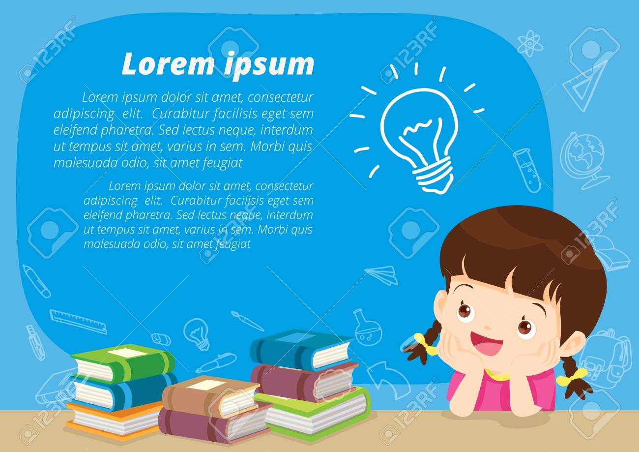 Girl Thinking Idea And Books Cute Kid Imagine In Classroom With