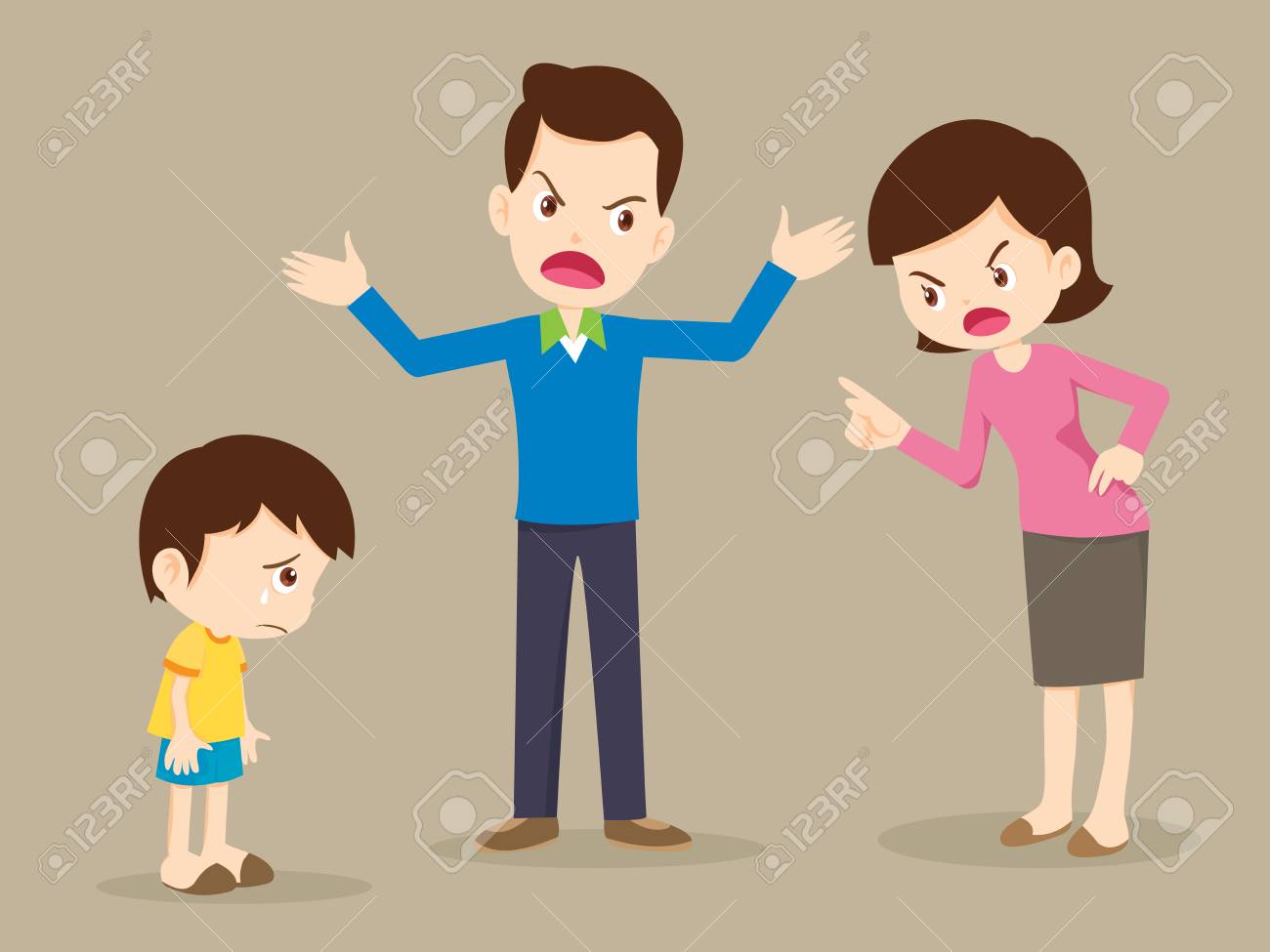 夫婦の喧嘩 親は口論し 子供は耳を傾けます 家族の対立 のイラスト素材 ベクタ Image