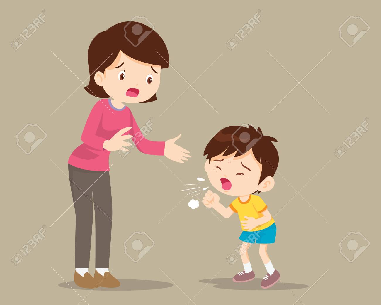 Mother And Sick Boy Coughing Hard,Sick Child Blow The Nose And Coughing  Show His Mom. Royalty Free SVG, Cliparts, Vectors, and Stock Illustration.  Image 141068821.