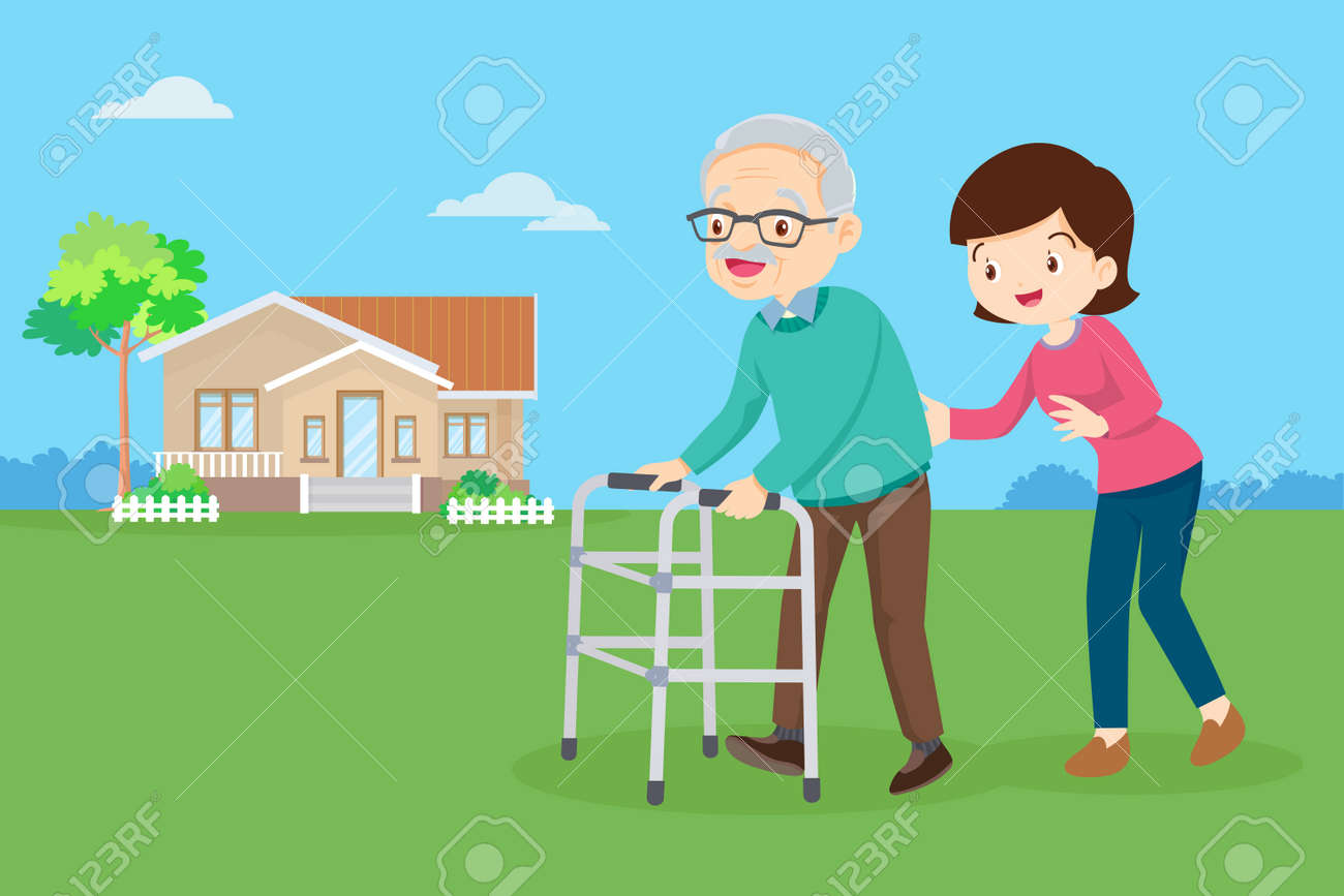 Young woman taking care of an elderly man. Woman Caring for Grandfather. daughter helps her father walking with walker in the front yard. - 165794427 Young woman taking care of an elderly man. Woman Caring for Grandfather. daughter helps her father walking with walker in the front yard. - 165794427