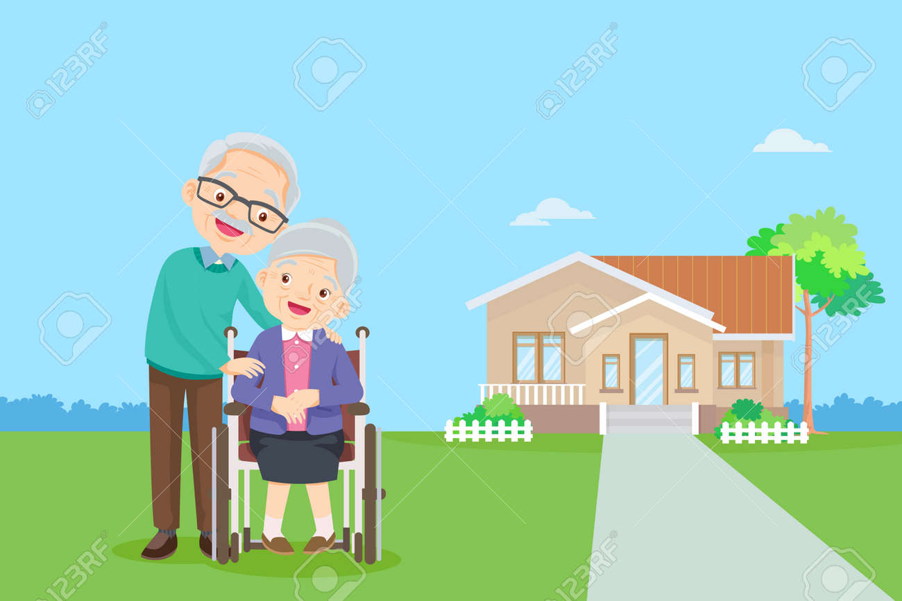 old couple in the background of his home.Elderly together in Front of home. happy elderly be happy on wheelchair.Caring for the elderly - 166467717 old couple in the background of his home.Elderly together in Front of home. happy elderly be happy on wheelchair.Caring for the elderly - 166467717