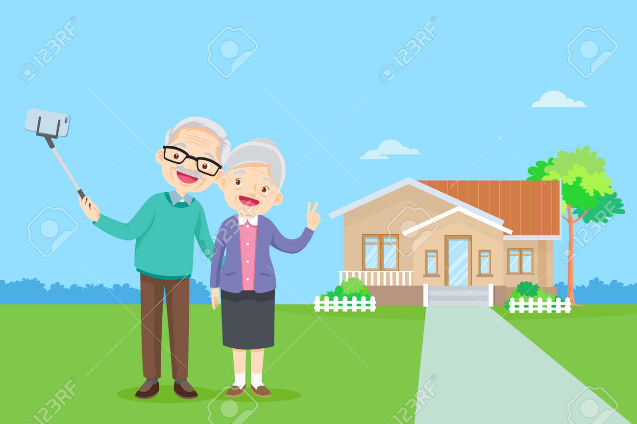 elderly couple and making photo together on mobile phone with selfie stick.Old man and woman take selfie on smartphone in front of home - 166467597 elderly couple and making photo together on mobile phone with selfie stick.Old man and woman take selfie on smartphone in front of home - 166467597
