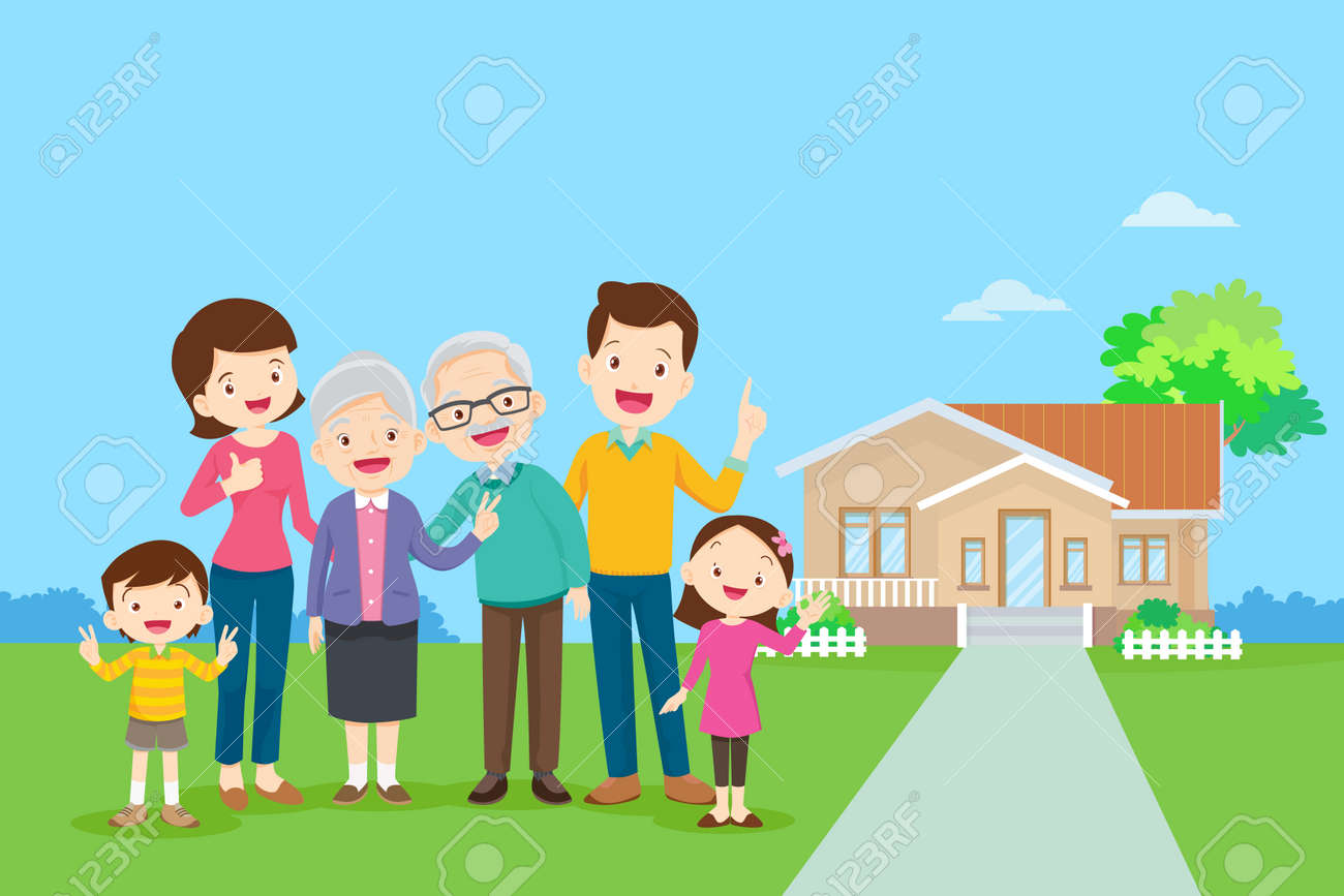 Happy family in the background of his home. Big family together in the park.happy elderly be happy on wheelchair with parents. - 169092027 Happy family in the background of his home. Big family together in the park.happy elderly be happy on wheelchair with parents. - 169092027