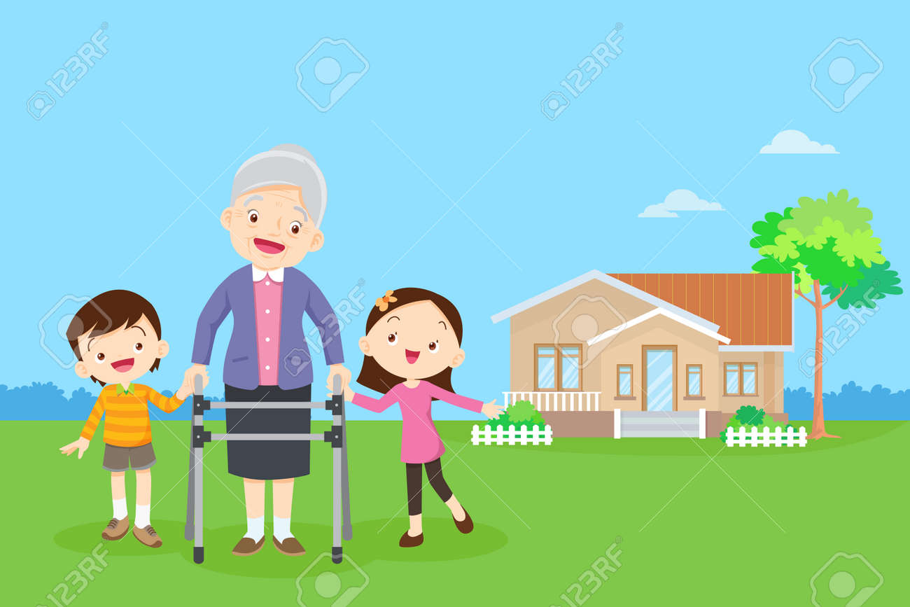 Elderly walking with house background. Grandchild helps grandmother to go to the walker. Kids Caring for the elderly. Children and old patients. boy and girl help grandmother to go to the walker - 169092029 Elderly walking with house background. Grandchild helps grandmother to go to the walker. Kids Caring for the elderly. Children and old patients. boy and girl help grandmother to go to the walker - 169092029