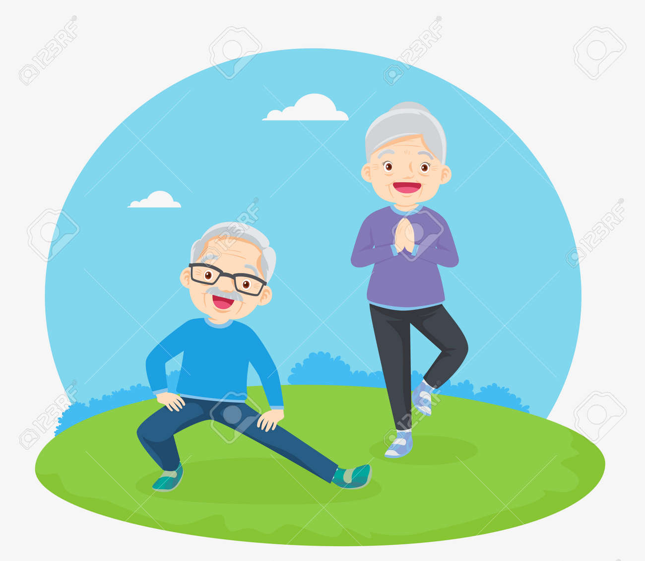 Senior people and gymnastics. Elderly couple. Grandparents doing exercises. yoga, Sport. Morning exercises. - 169091872 Senior people and gymnastics. Elderly couple. Grandparents doing exercises. yoga, Sport. Morning exercises. - 169091872
