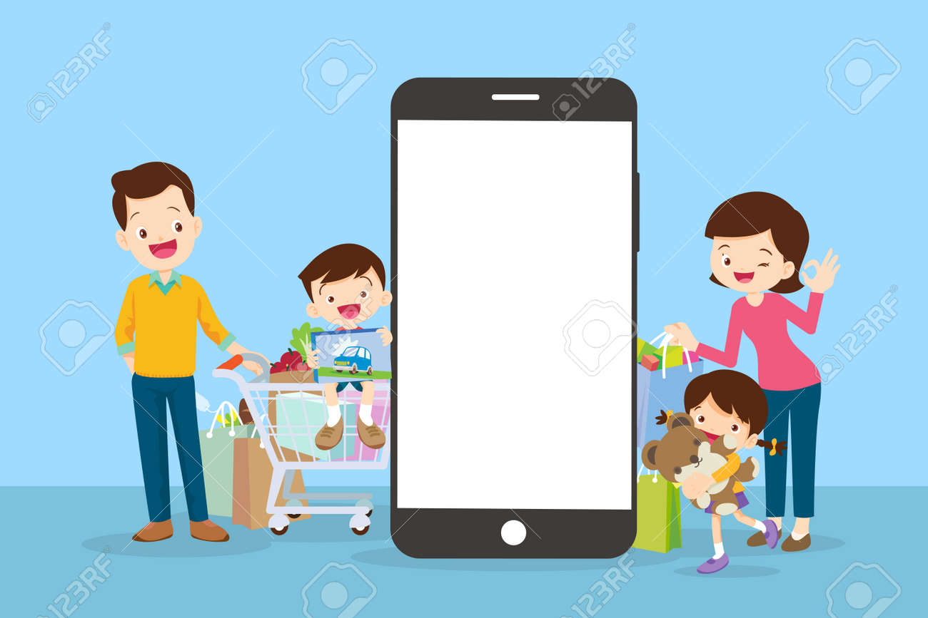 Happy family doing grocery shopping online with a mobile app on their smartphone.shopping cart with products and family is making the payment online. - 169091883 Happy family doing grocery shopping online with a mobile app on their smartphone.shopping cart with products and family is making the payment online. - 169091883
