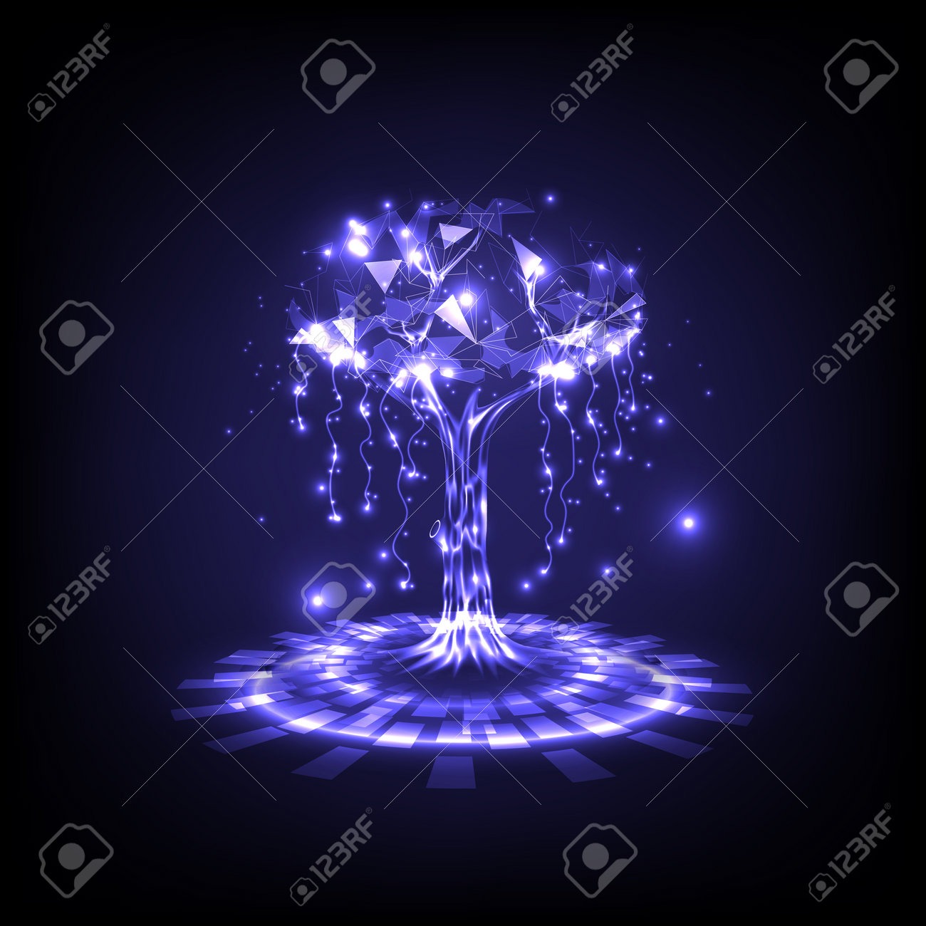 ステージ上のサイバーポリゴンツリーホログラム。環境技術の未来的な要素。セーブワールドコンセプトのイラスト素材・ベクター Image 197754261