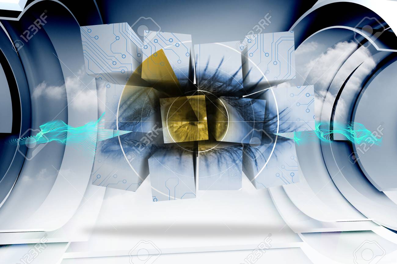 近未来的な構造で抽象的な青 雲デザインに対して抽象的な画面上の目 の写真素材 画像素材 Image