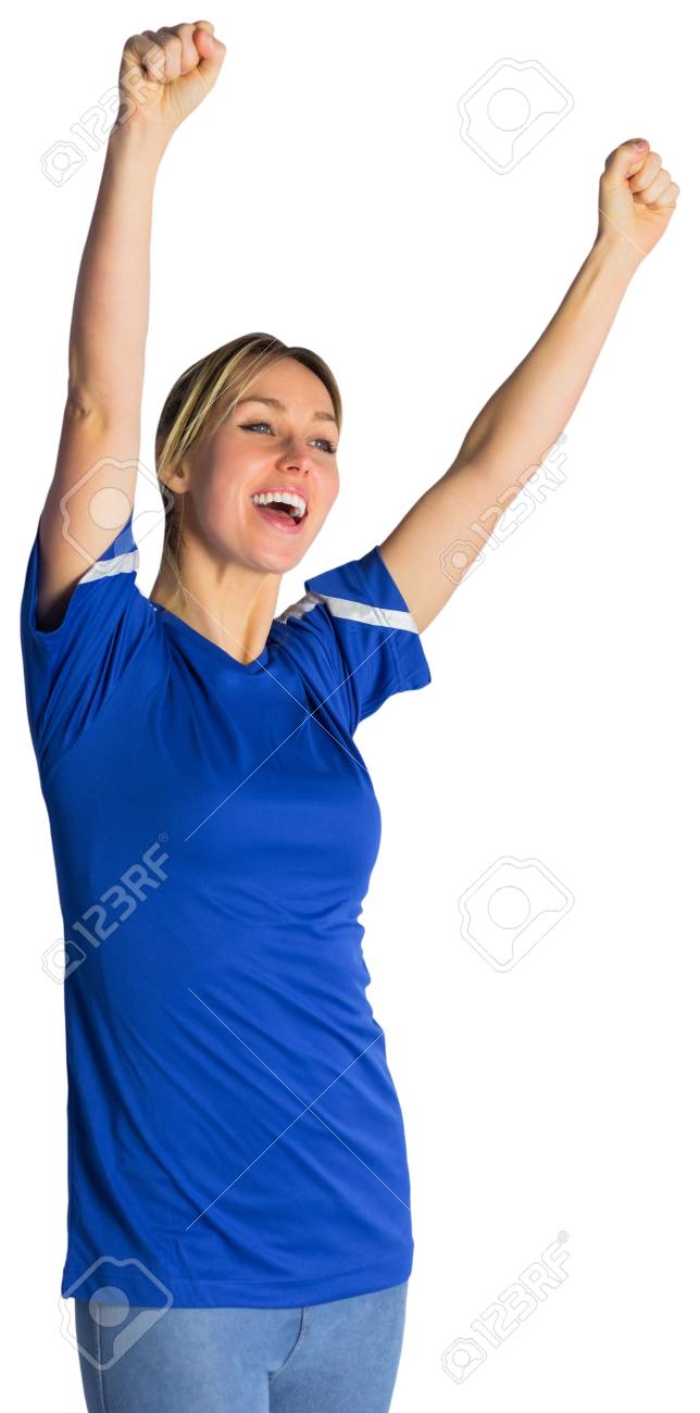 白い背景の青いジャージのフットボールのファンの応援 の写真素材 画像素材 Image