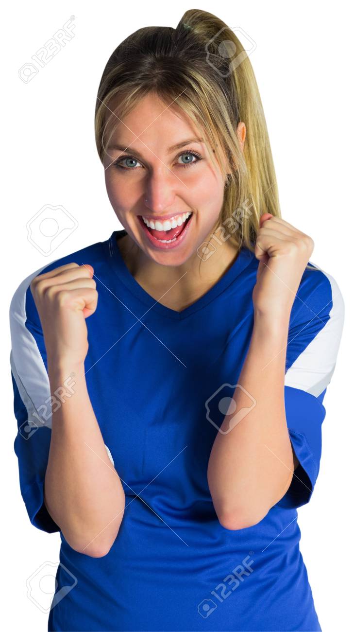 白い背景の青いジャージのフットボールのファンの応援 の写真素材 画像素材 Image