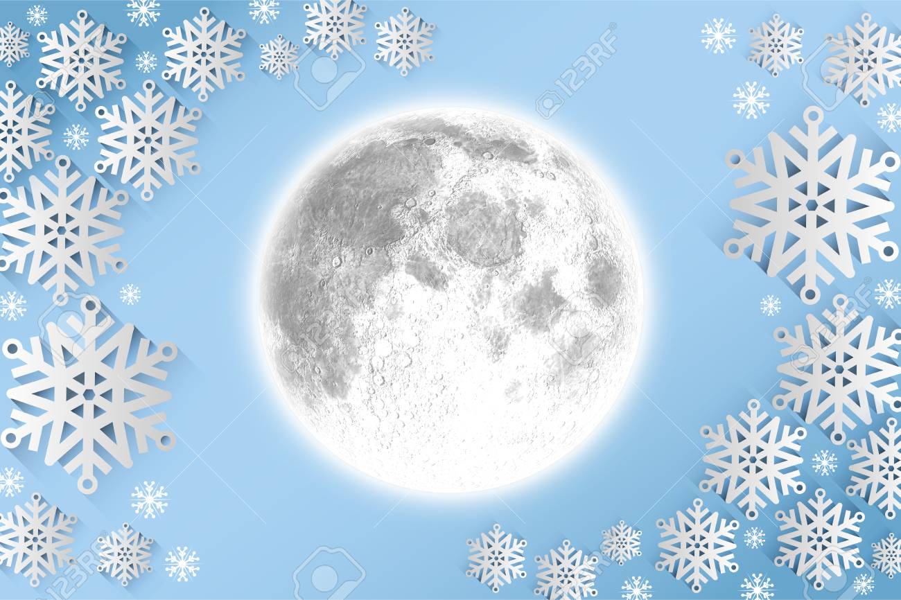 full moon against snow flake frame design on blue stock photo