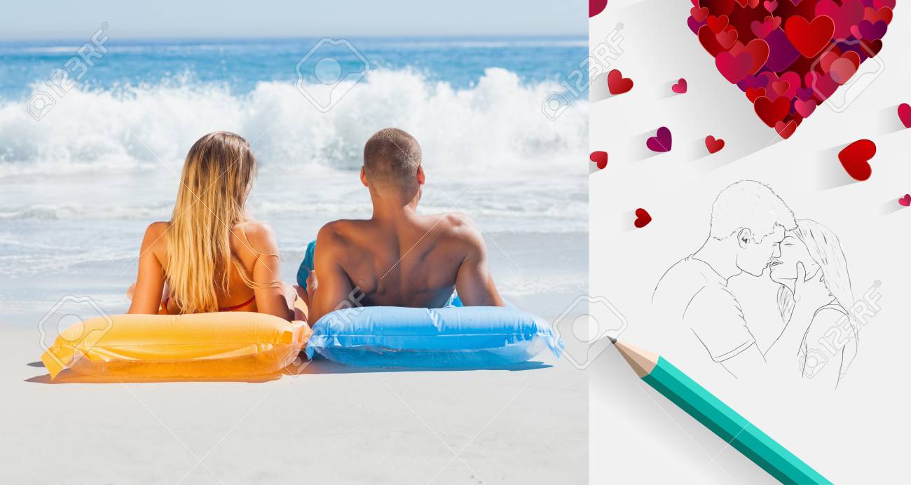 Cute Couple In Swimsuit Sunbathing Together Against Sketch Of