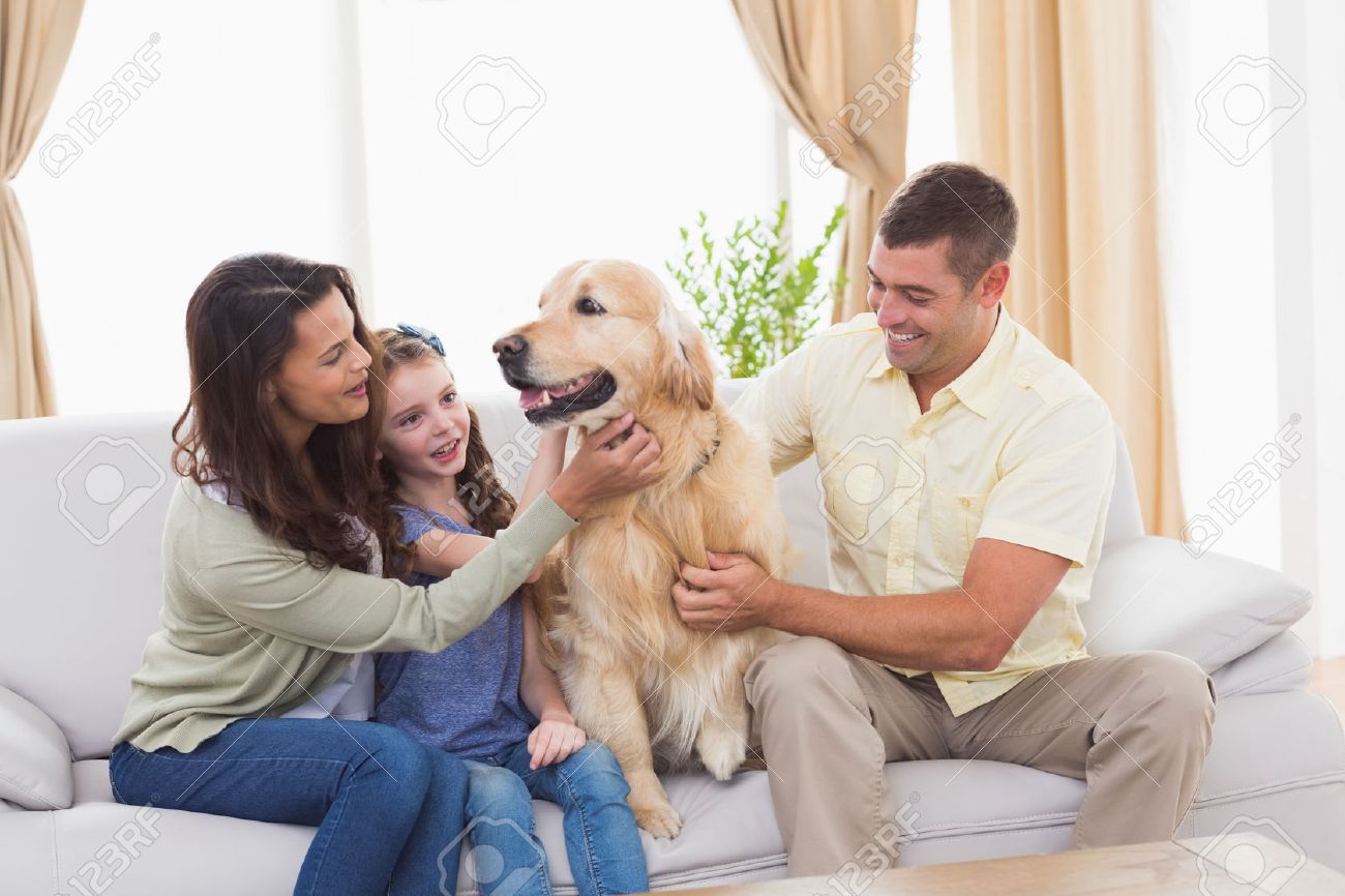 Loving Family Stroking Dog While Sitting On Sofa At Home Stock Photo,  Picture and Royalty Free Image. Image 38105252.