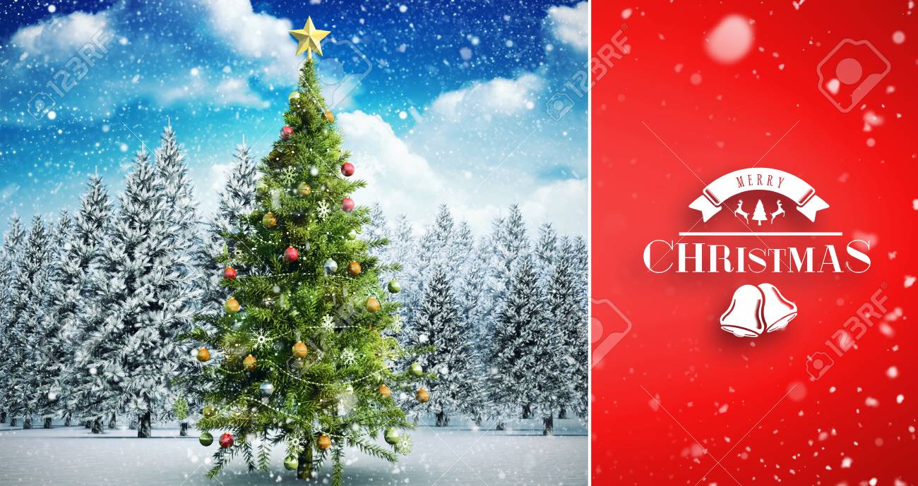 Snow falling against christmas tree in snowy landscape - 42971264 Snow falling against christmas tree in snowy landscape - 42971264