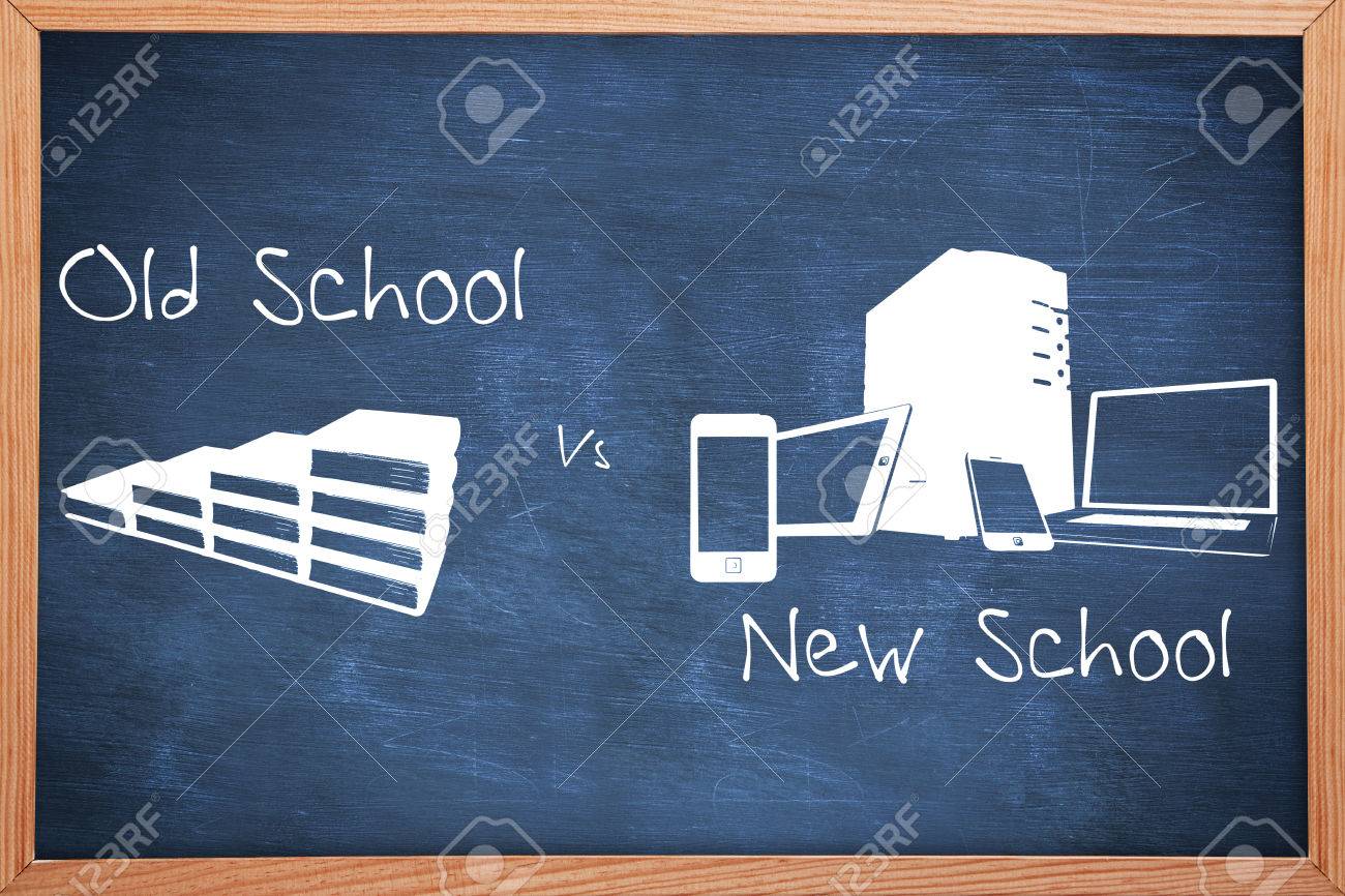 old school vs new school against blue chalkboard stock photo blue chalkboard