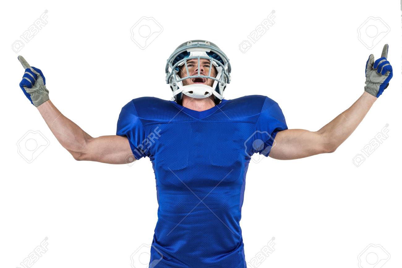 Happy American Football Player With Arms Outstretched Standing Against  White Background Stock Photo, Picture And Royalty Free Image. Image  45312779.