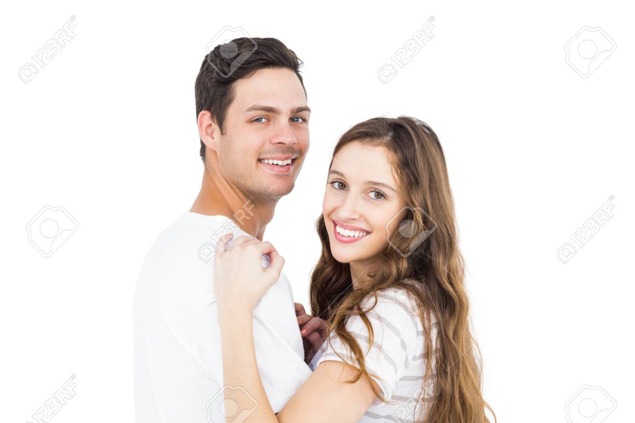 白い背景の上のカップルを抱き締めることの後姿 の写真素材 画像素材 Image