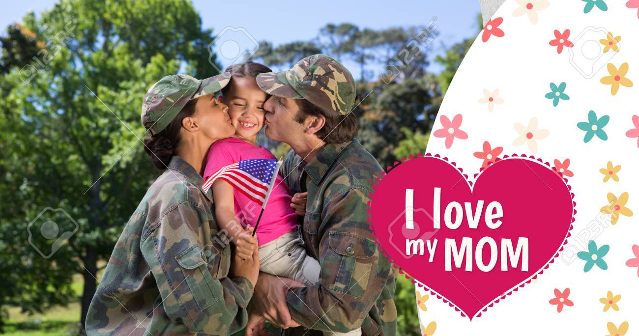 Army Couple Kissing Daughter Against Mothers Day Greeting Stock ...