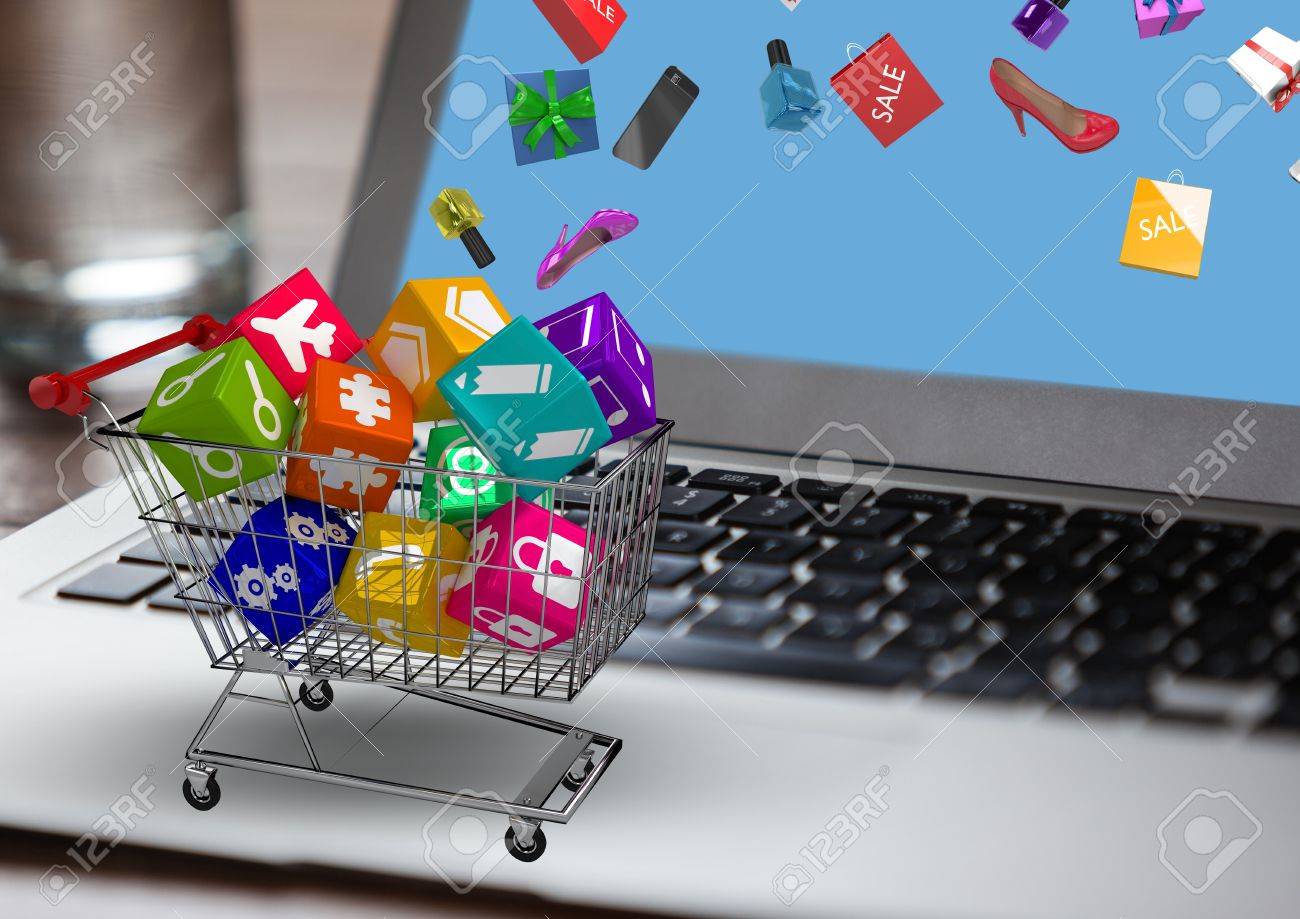 digital composition of trolley with application icons on latop stock