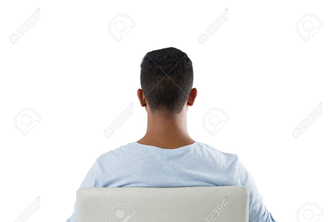 白い背景に 椅子に座っている男の後姿 の写真素材 画像素材 Image