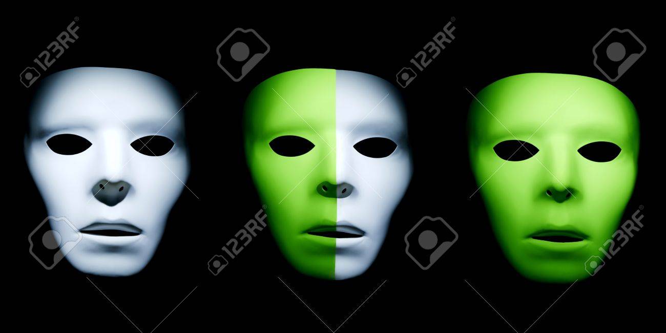 白と緑白の 1 つの半分の顔と途中で半分の緑の顔のような幽霊のようなエイリアン の写真素材 画像素材 Image