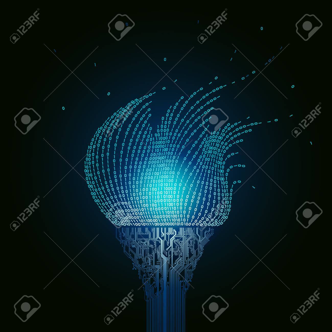 A burning blue torch, consists of printed circuit boards, the flame from the binary code. Artifact from the abstract of cyberspace - 71197070 A burning blue torch, consists of printed circuit boards, the flame from the binary code. Artifact from the abstract of cyberspace - 71197070