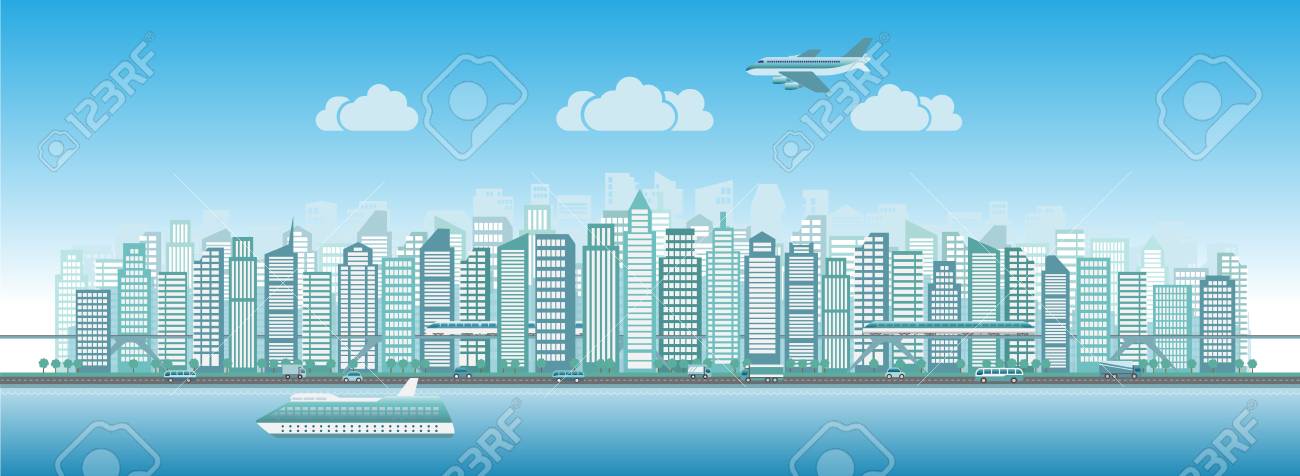 フラット スタイルで様々 な車電車飛行機車船のトラフィックと街並み